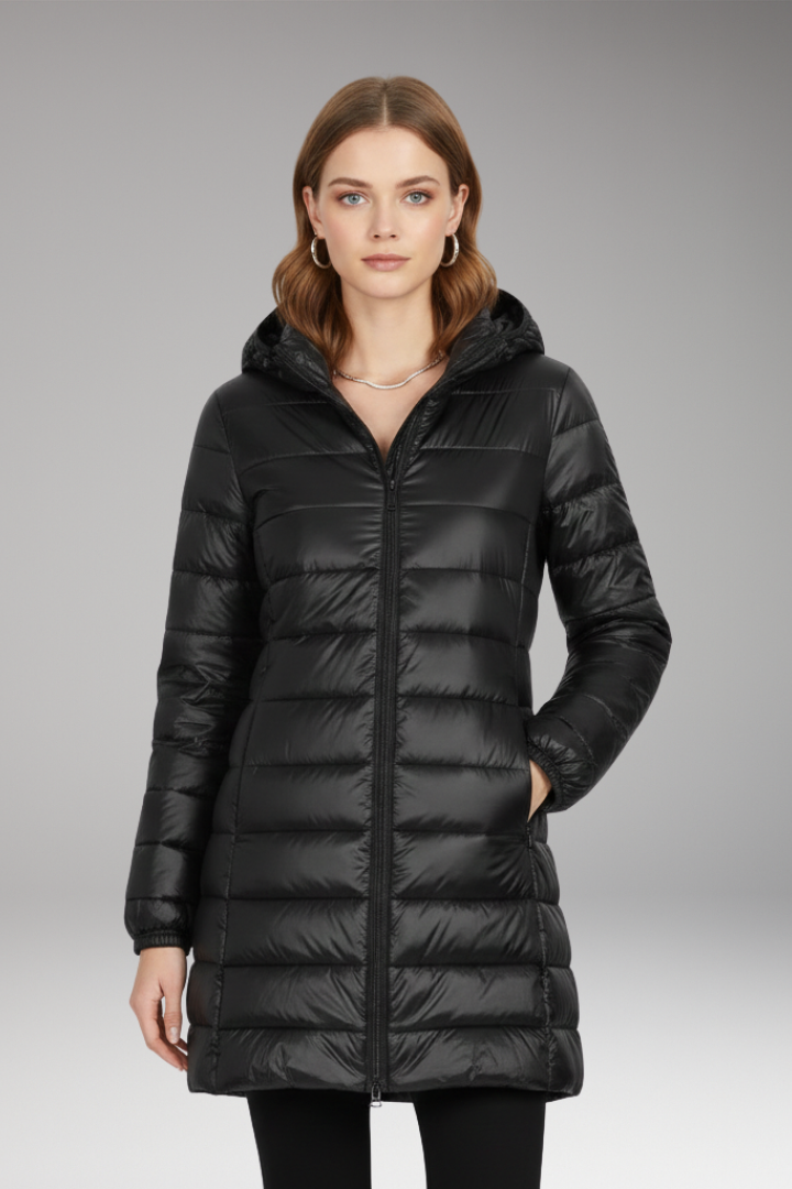 Black long quilted hooded puffer jacket with front zipper and side pockets