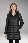 Black long quilted hooded puffer jacket with front zipper and side pockets