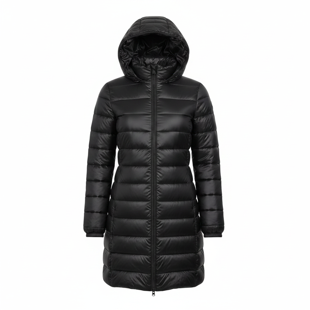 Women's Quilted Long Hooded Jacket Zip Front Straight Cut Matte Finish