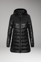 Black long quilted hooded puffer jacket, front view with center front zipper
