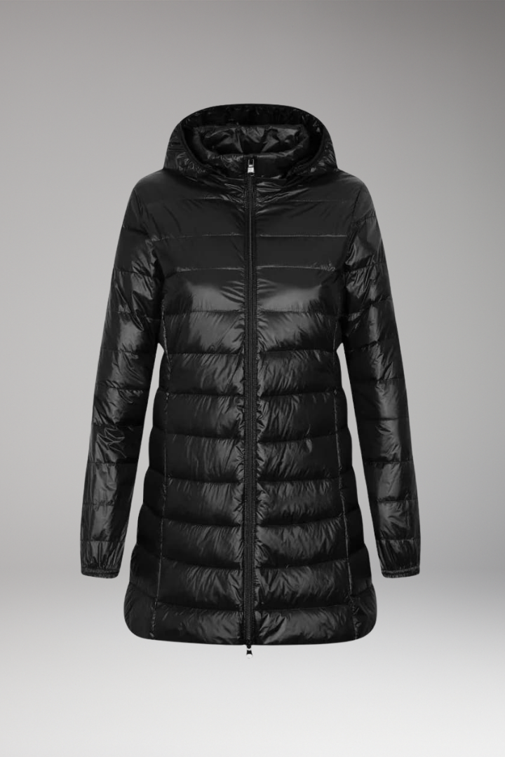 Black long quilted hooded puffer jacket, front view with center front zipper