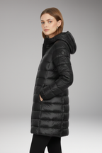 Black long quilted hooded puffer jacket, three-quarter side view with front zipper