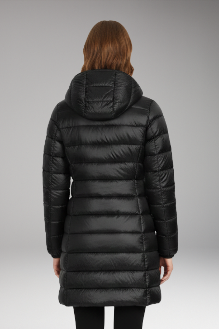 Black long quilted hooded puffer jacket, back view with raised hood and quilted panels