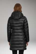 Black long quilted hooded puffer jacket, back view with raised hood and quilted panels