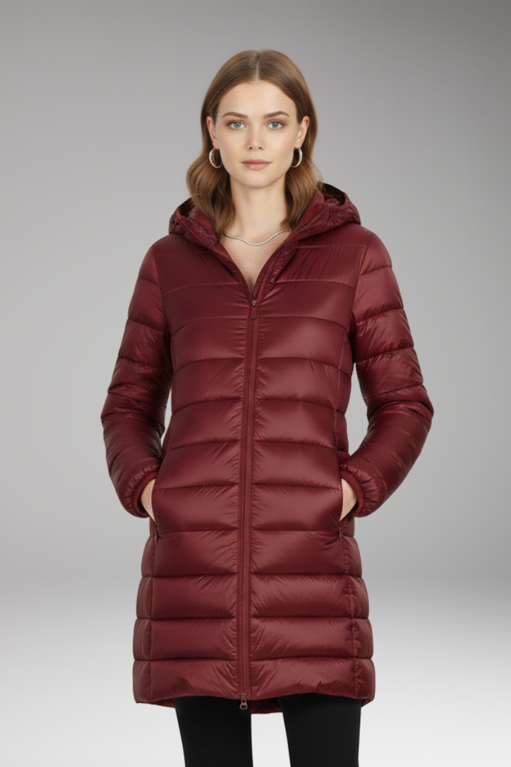 Burgundy red long quilted hooded puffer jacket with front zipper and side pockets
