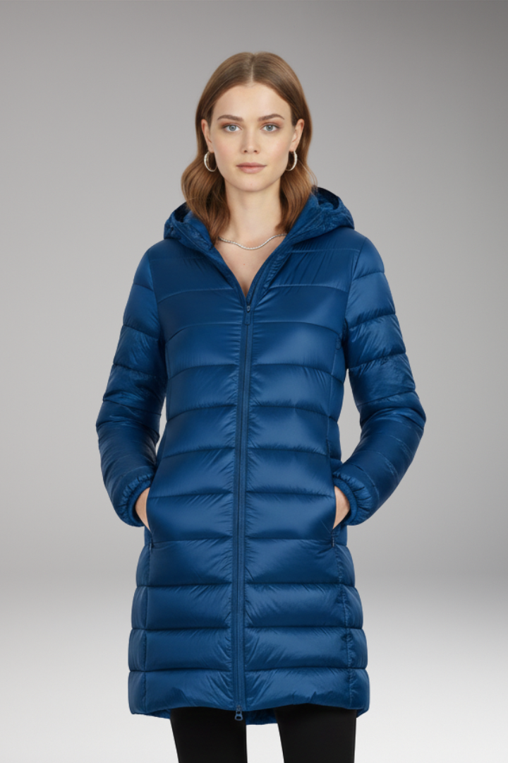 Blue long quilted hooded puffer jacket with center front zipper and side pockets