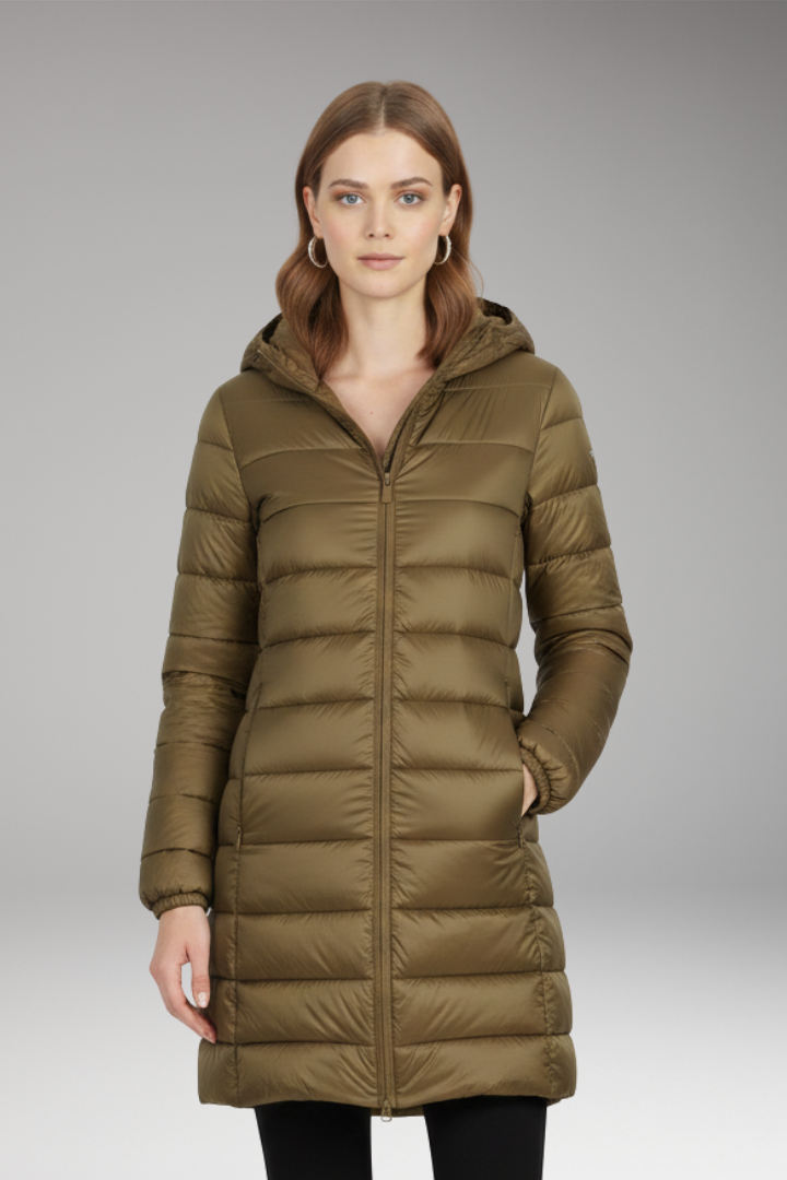 Khaki long quilted hooded puffer jacket with front zipper and cuffed sleeves