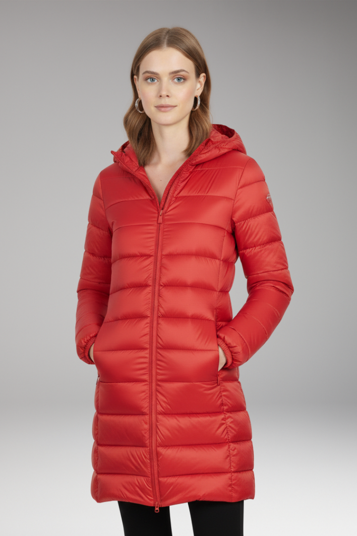 Red long quilted hooded puffer jacket with front zipper and channel stitching