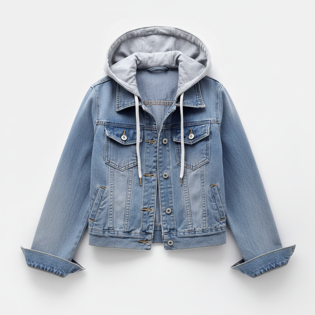 Women’s light blue denim jacket with hood and drawstring cords, button-front, flap chest pockets