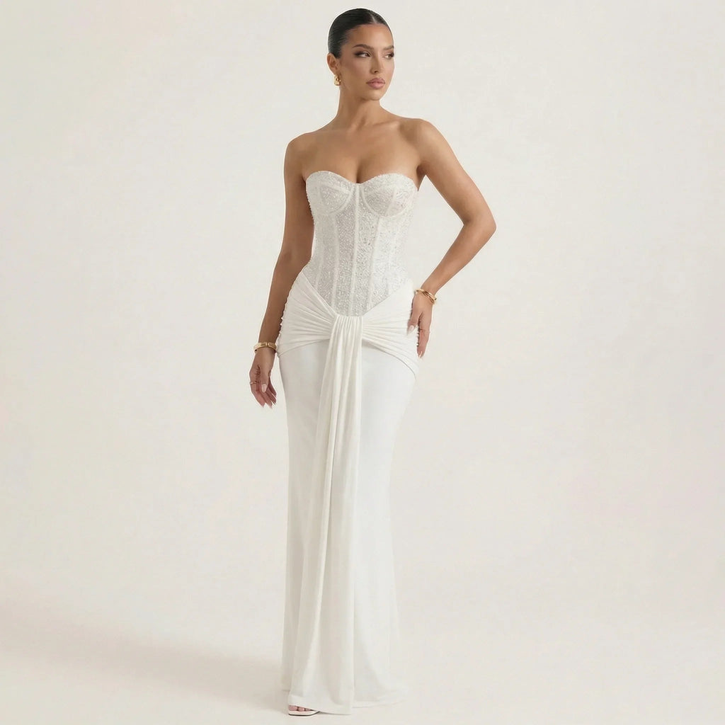 White strapless sequin maxi evening gown with fitted ruching at waist
