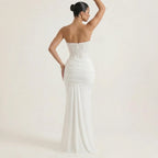 White strapless sequin maxi evening gown with ruched bodice and draped skirt (side view)