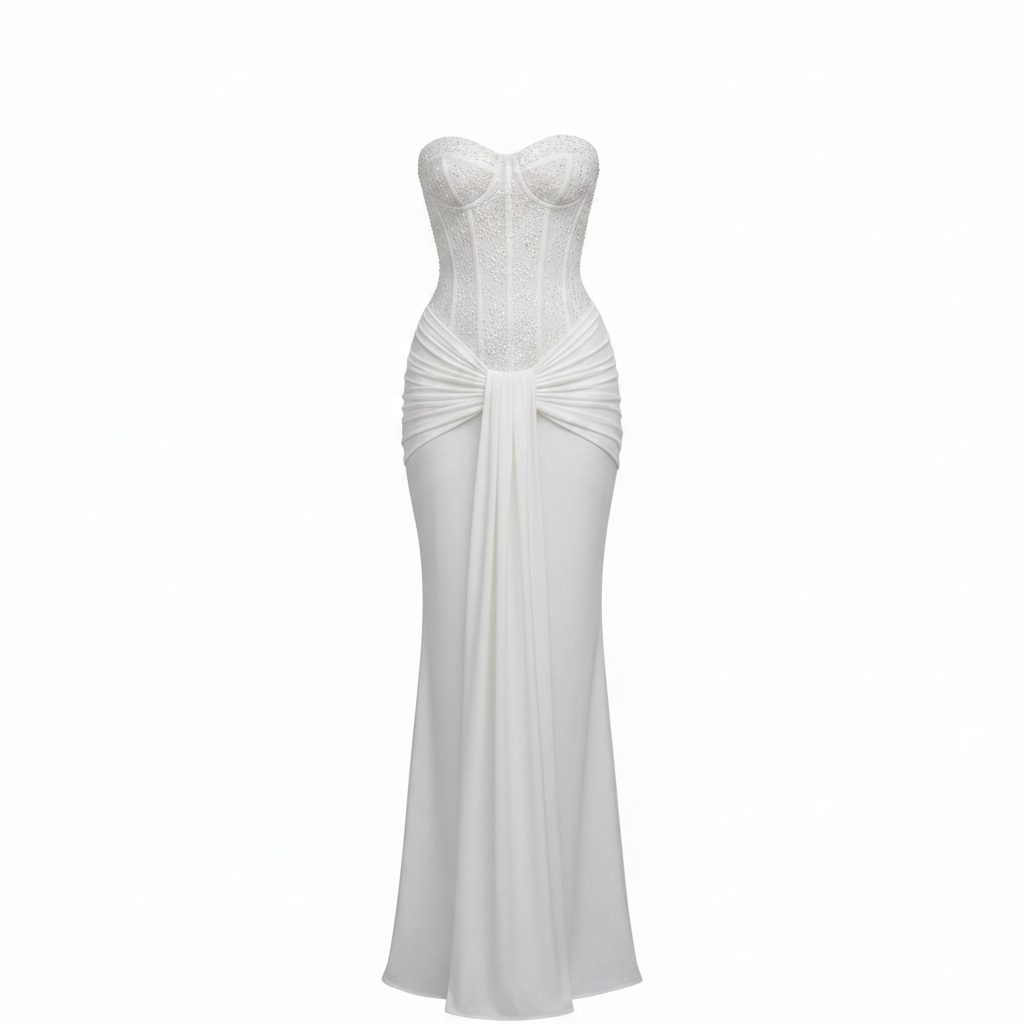 White strapless sequin evening gown with corset bodice and draped waist bow, slim maxi