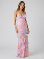 Pink pastel chiffon maxi dress with tiered ruffle layers and spaghetti straps