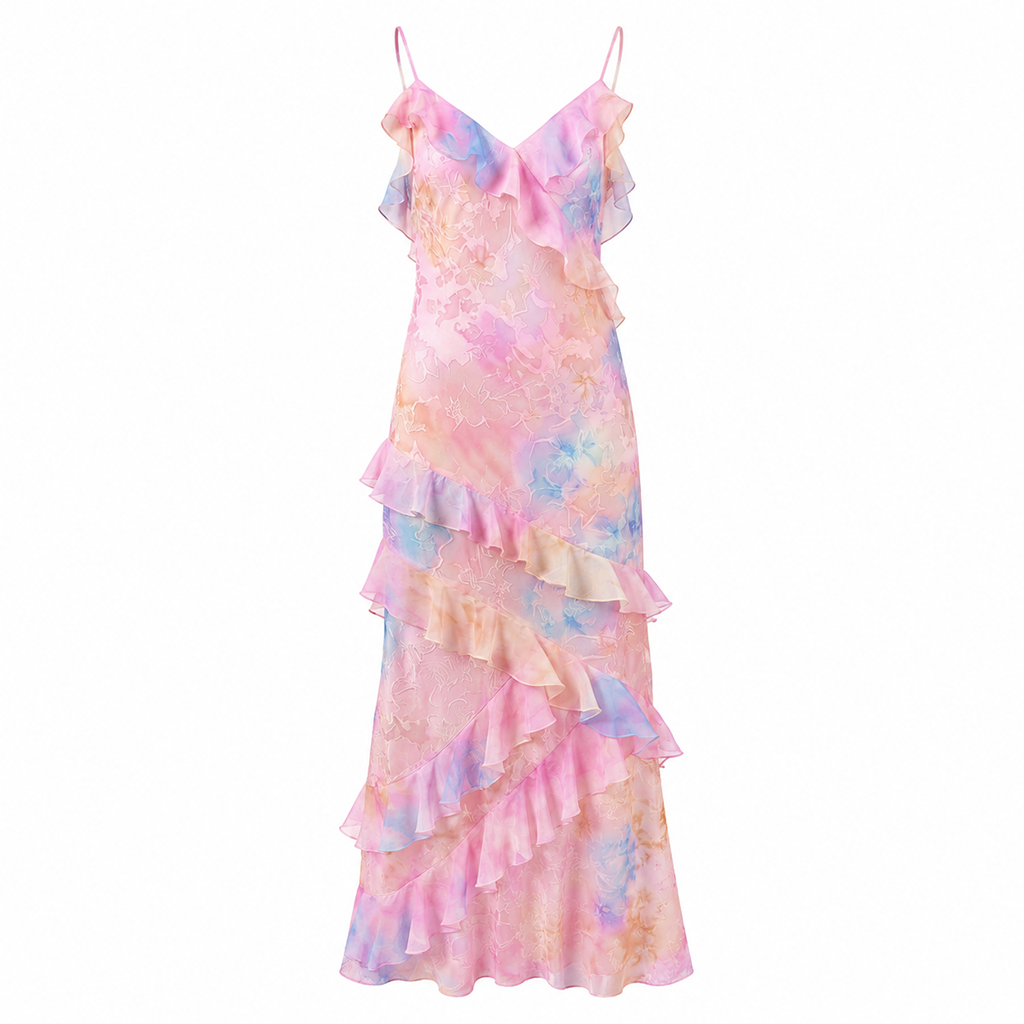 Pastel chiffon maxi dress with ruffled tiered skirt and thin spaghetti straps
