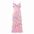 Pastel chiffon maxi dress with ruffled tiered skirt and thin spaghetti straps