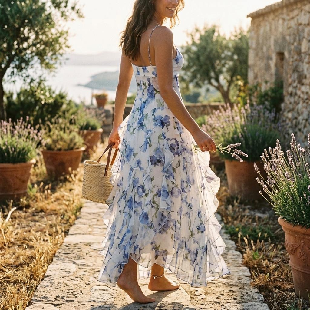 Women’s corset maxi dress, white with blue floral, spaghetti straps, ruffled skirt
