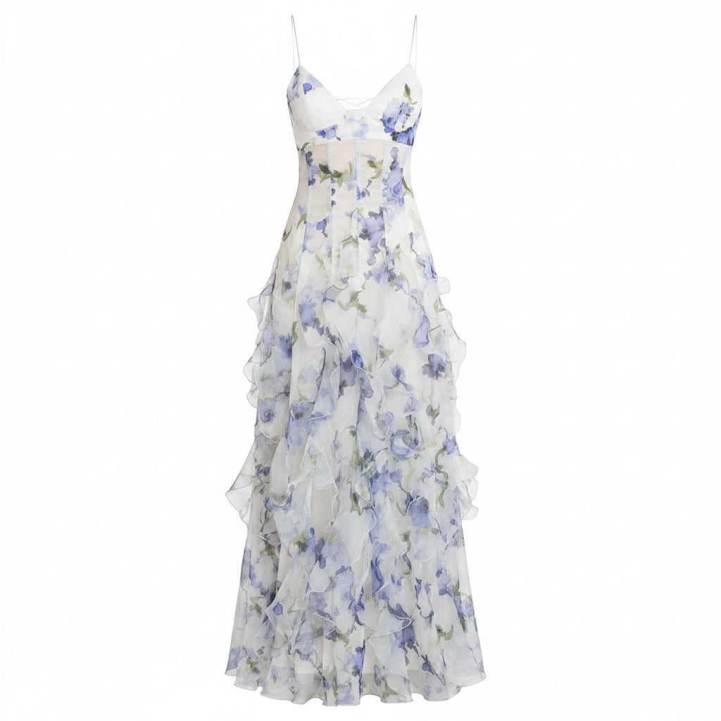 White blue floral spaghetti-strap corset maxi dress with ruffled tiered skirt