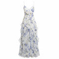 White blue floral spaghetti-strap corset maxi dress with ruffled tiered skirt