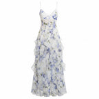 White blue floral spaghetti-strap corset maxi dress with ruffled tiered skirt
