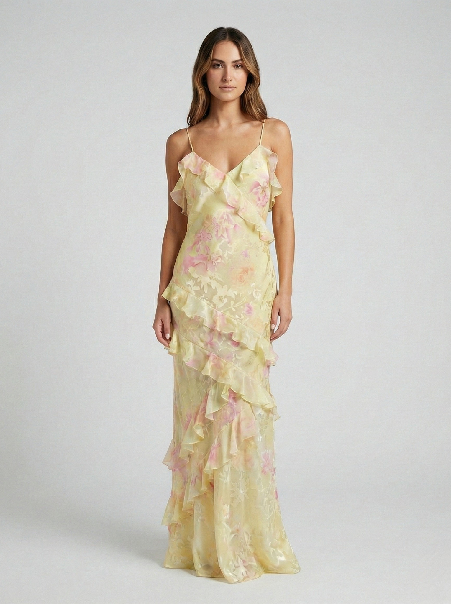 Yellow chiffon maxi dress with tiered ruffle skirt and spaghetti shoulder straps