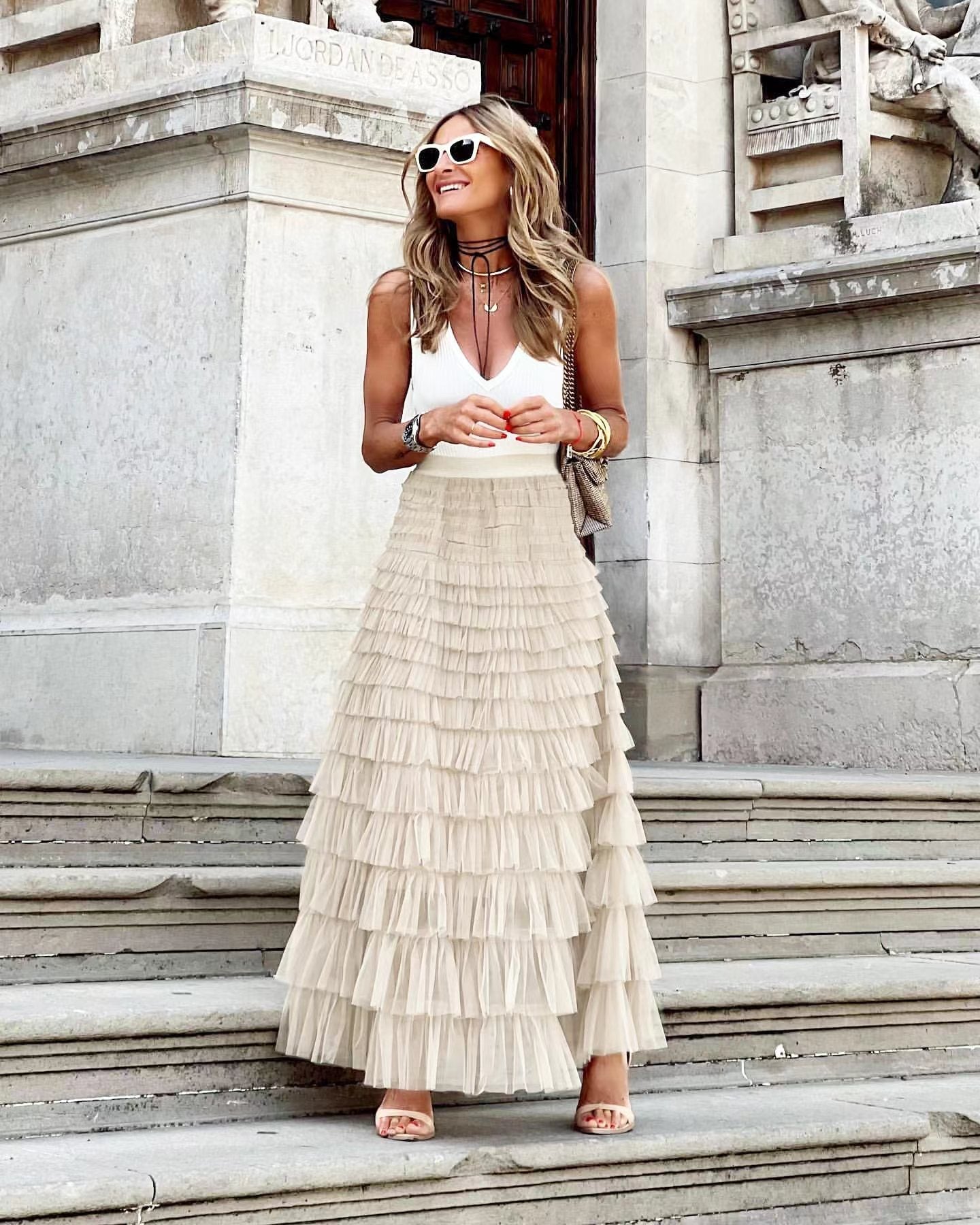Cream-beige tiered maxi skirt with ruffle tiers and high waist