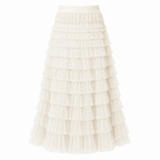 Cream tiered high-waist maxi ruffle skirt with layered, lightweight tiers