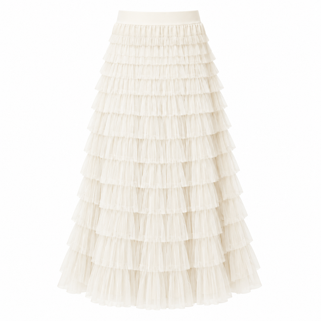 Cream tiered high-waist maxi ruffle skirt with layered, lightweight tiers