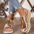 Gold metallic peep-toe wedge platform sandals with cutout sides and ankle strap