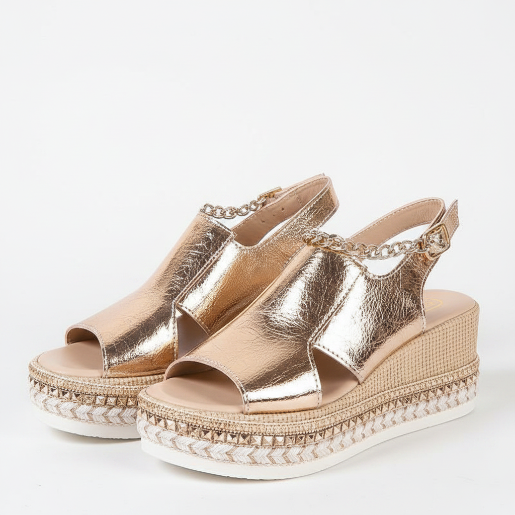 Gold metallic peep-toe wedge platform sandals with cutout upper and ankle strap