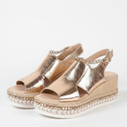 Gold metallic peep-toe wedge platform sandals with cutout upper and ankle strap