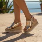 Gold metallic peep-toe wedge platform sandals, side view, cutout upper and ankle strap