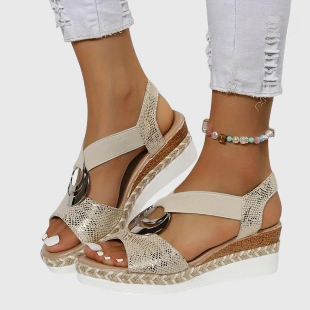 Beige espadrille platform sandals, open toe, silver ring detail, ankle elastic strap