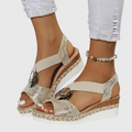 Beige espadrille platform sandals, open toe, silver ring detail, ankle elastic strap