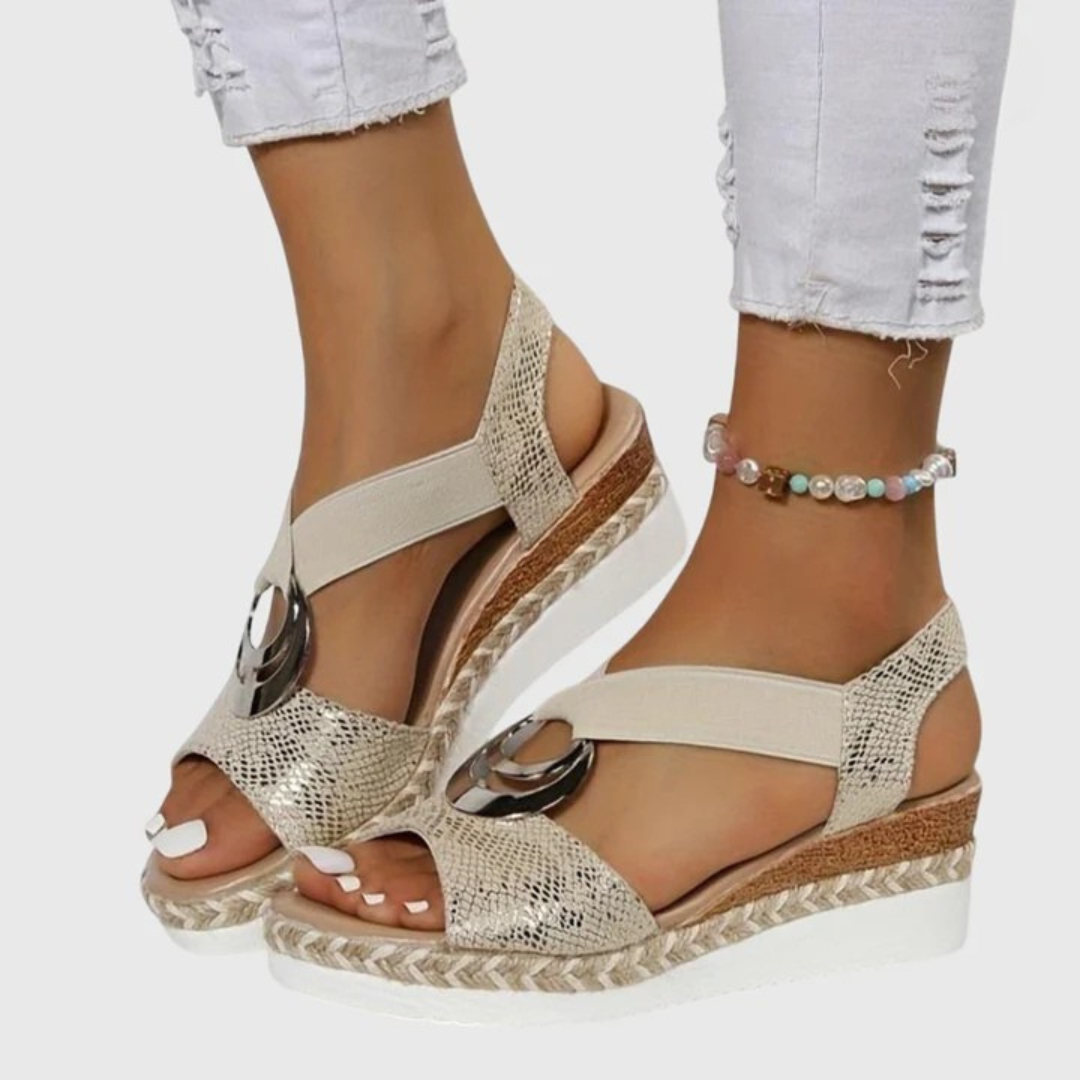 Beige espadrille platform sandals, open toe, silver ring detail, ankle elastic strap