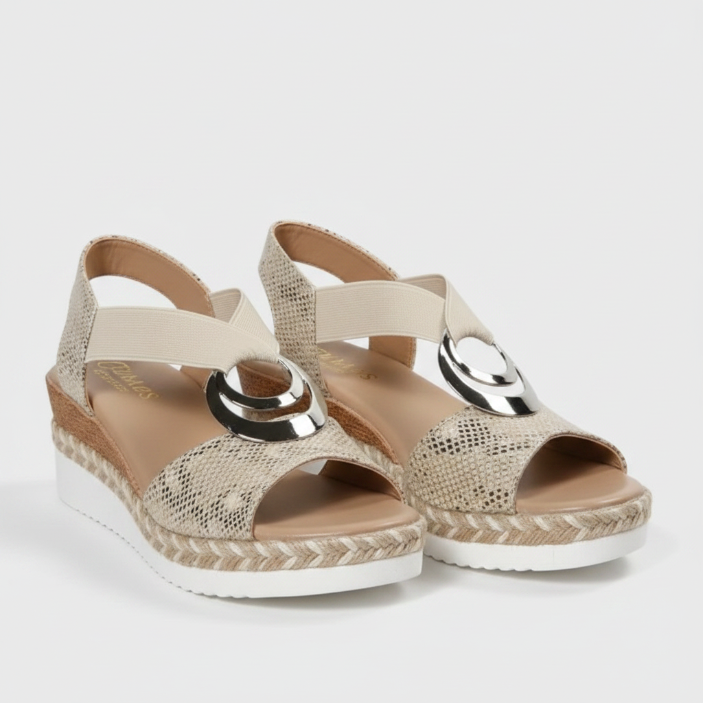 Beige espadrille platform sandals with open toe, elastic strap and silver ring detail