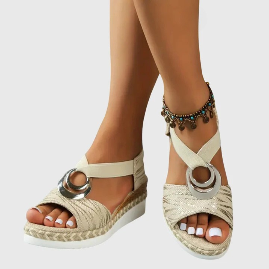 Light zebra platform espadrille sandals, open toe, silver ring detail, elastic ankle strap