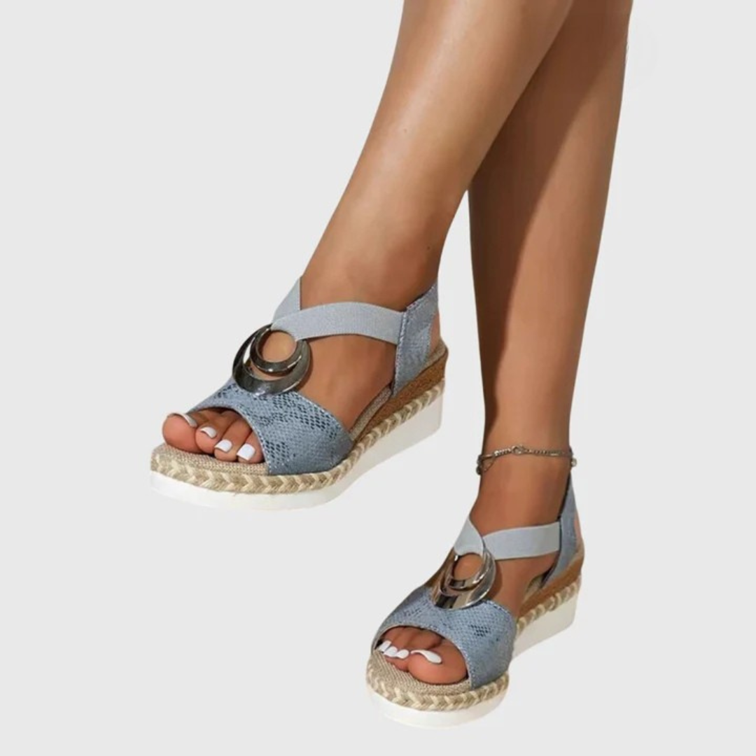 Light blue espadrille platform sandals with open toe and silver ring detail