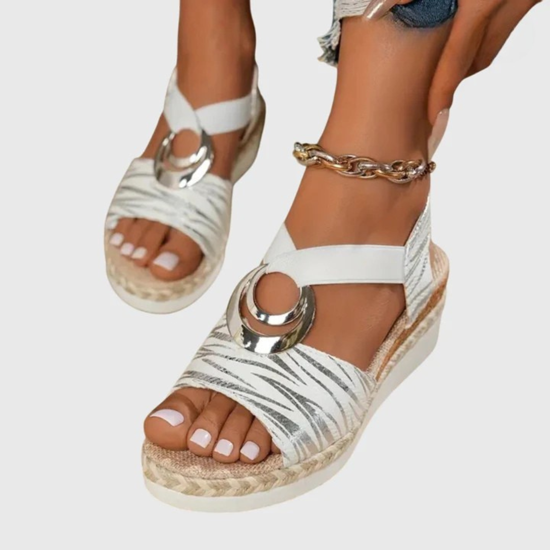 Zebra platform espadrille sandals, open toe, silver ring detail, elastic ankle strap