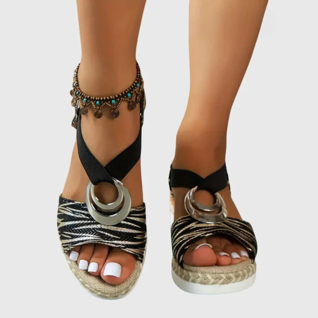 Black zebra platform espadrille sandals, open toe, silver ring detail, beaded ankle chain