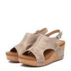 Beige studded platform wedge slingback sandals with cut-out upper and ankle strap