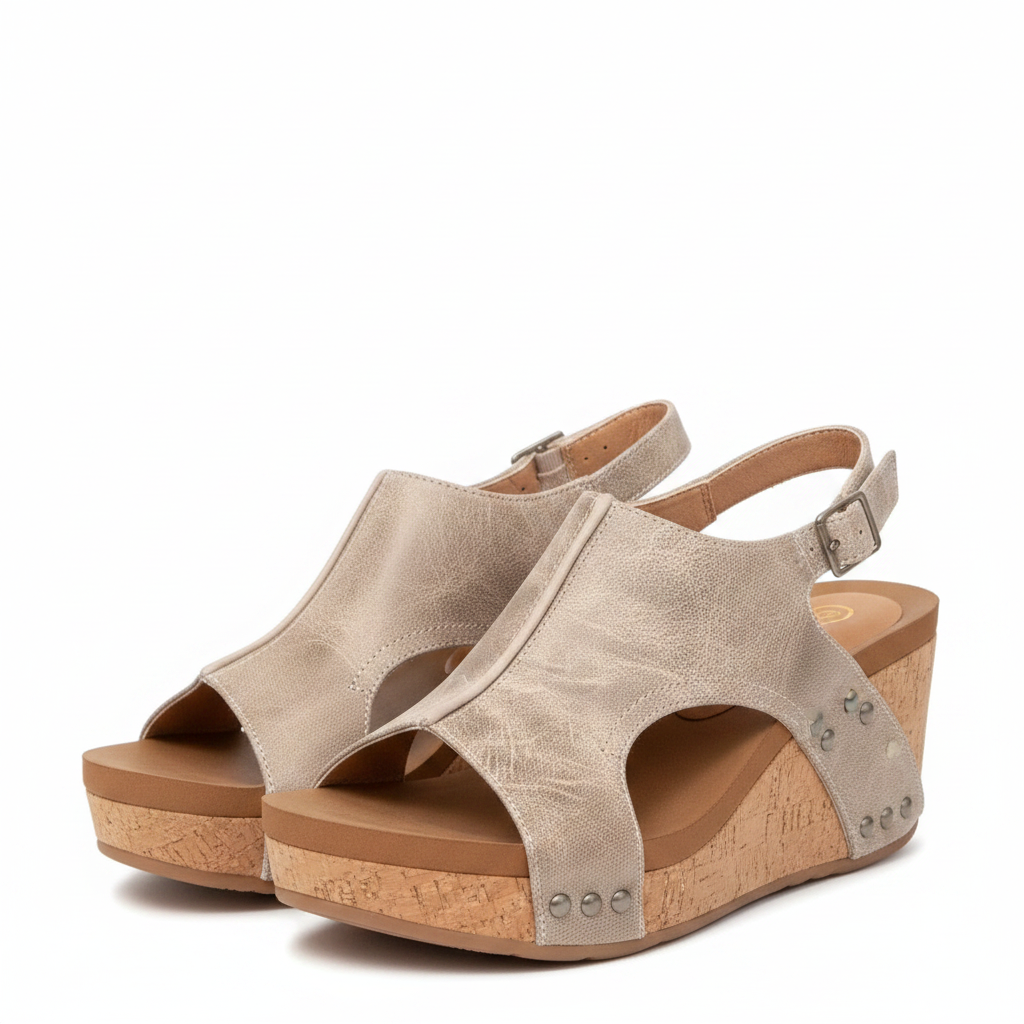 Beige studded platform wedge slingback sandals with cut-out upper and ankle strap