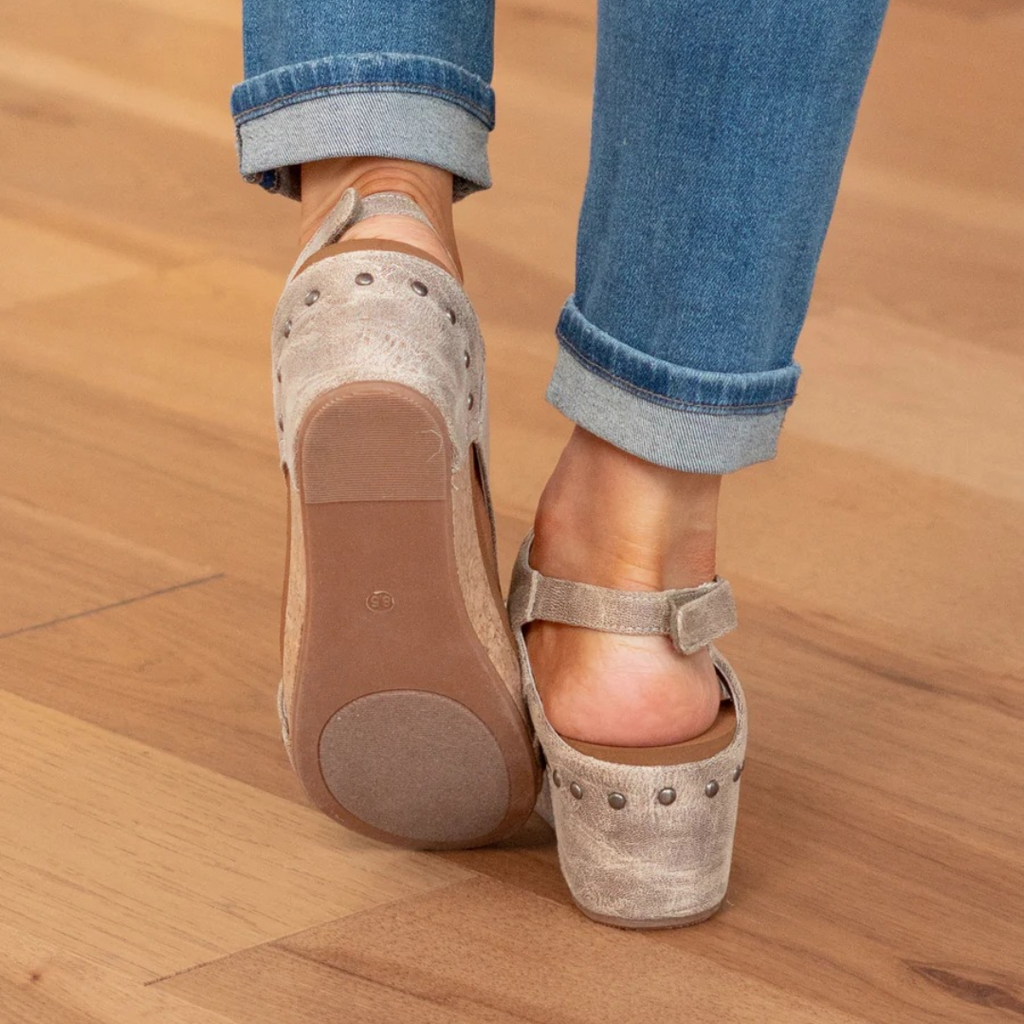 Beige platform wedge sandals, round stud-detailed heel and slingback strap