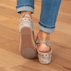 Beige platform wedge sandals, round stud-detailed heel and slingback strap