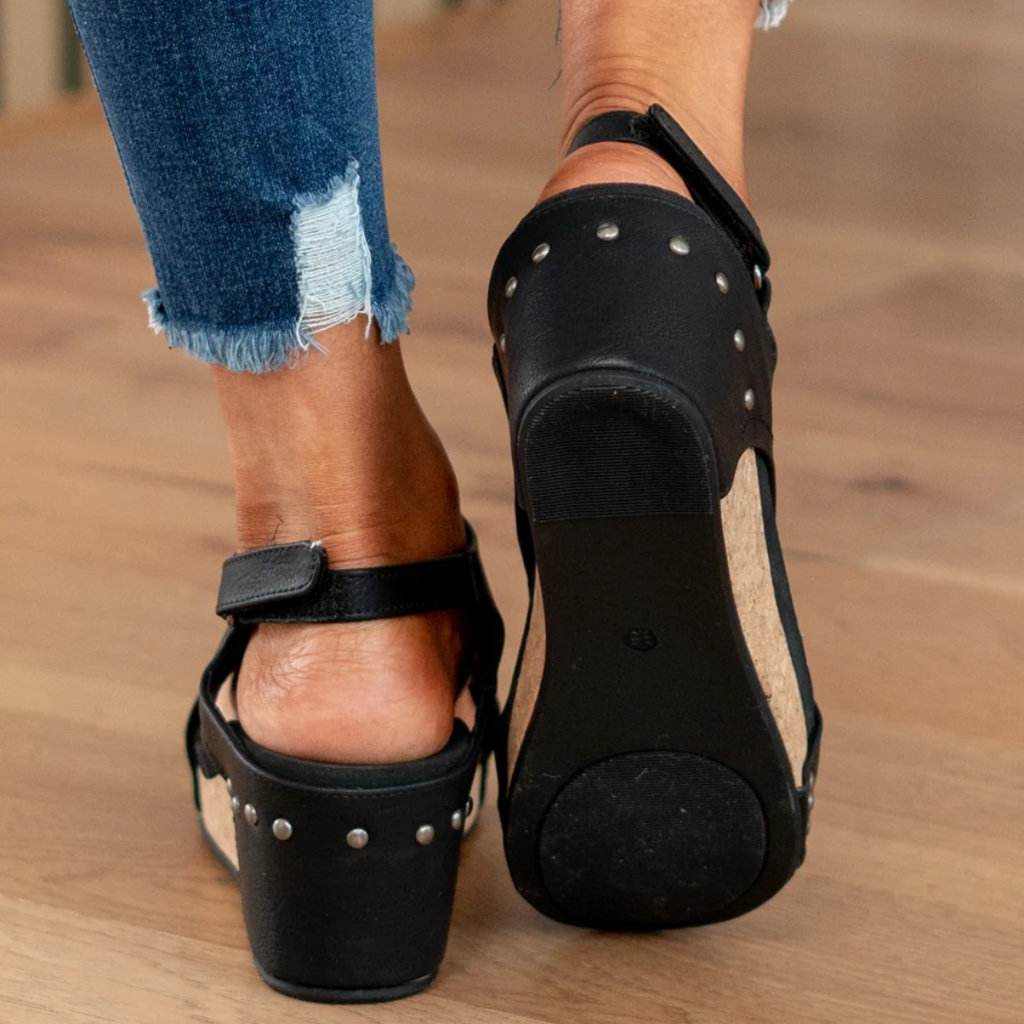 Black platform wedge sandals, stud-detailed back and slingback strap