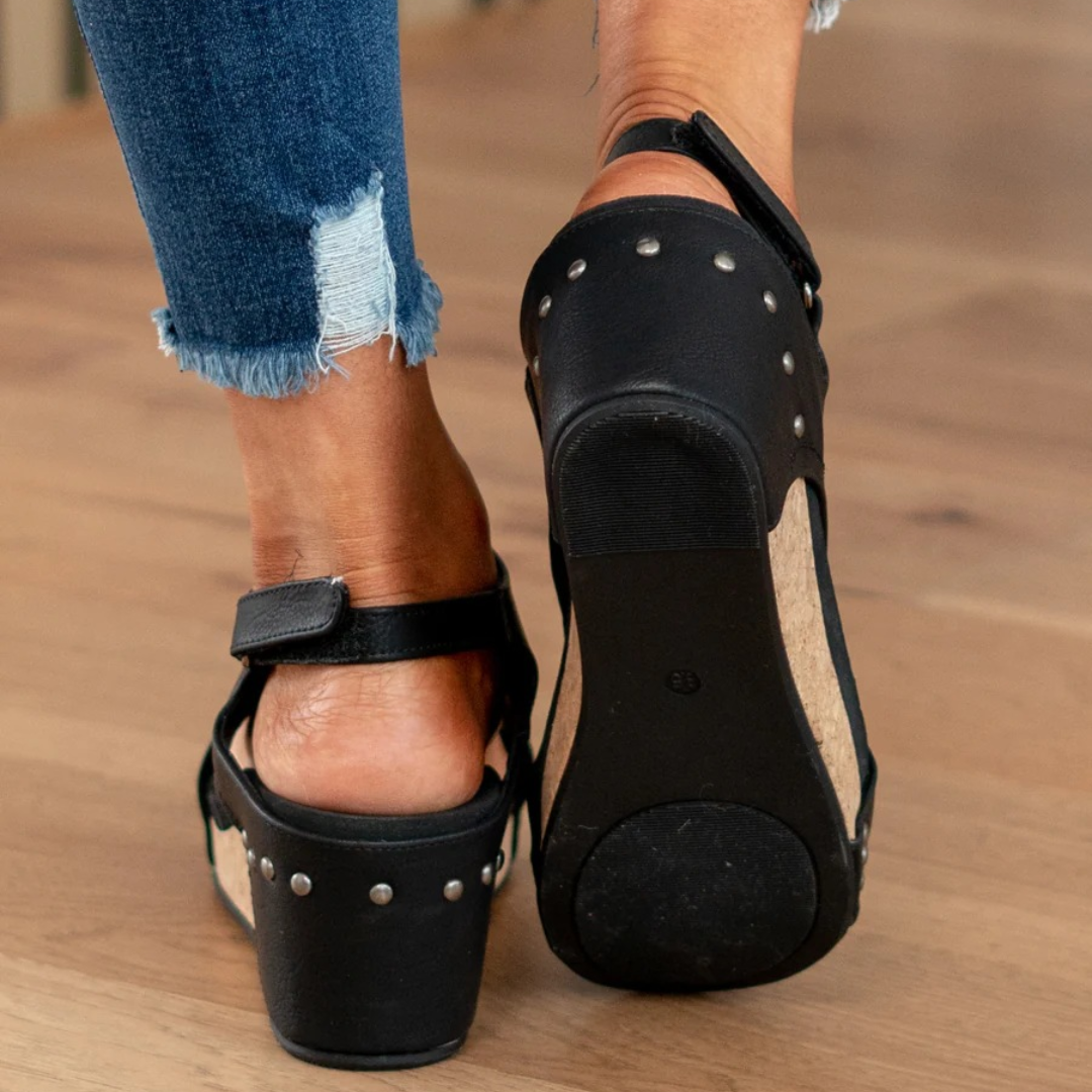 Black platform wedge sandals, stud-detailed back and slingback strap
