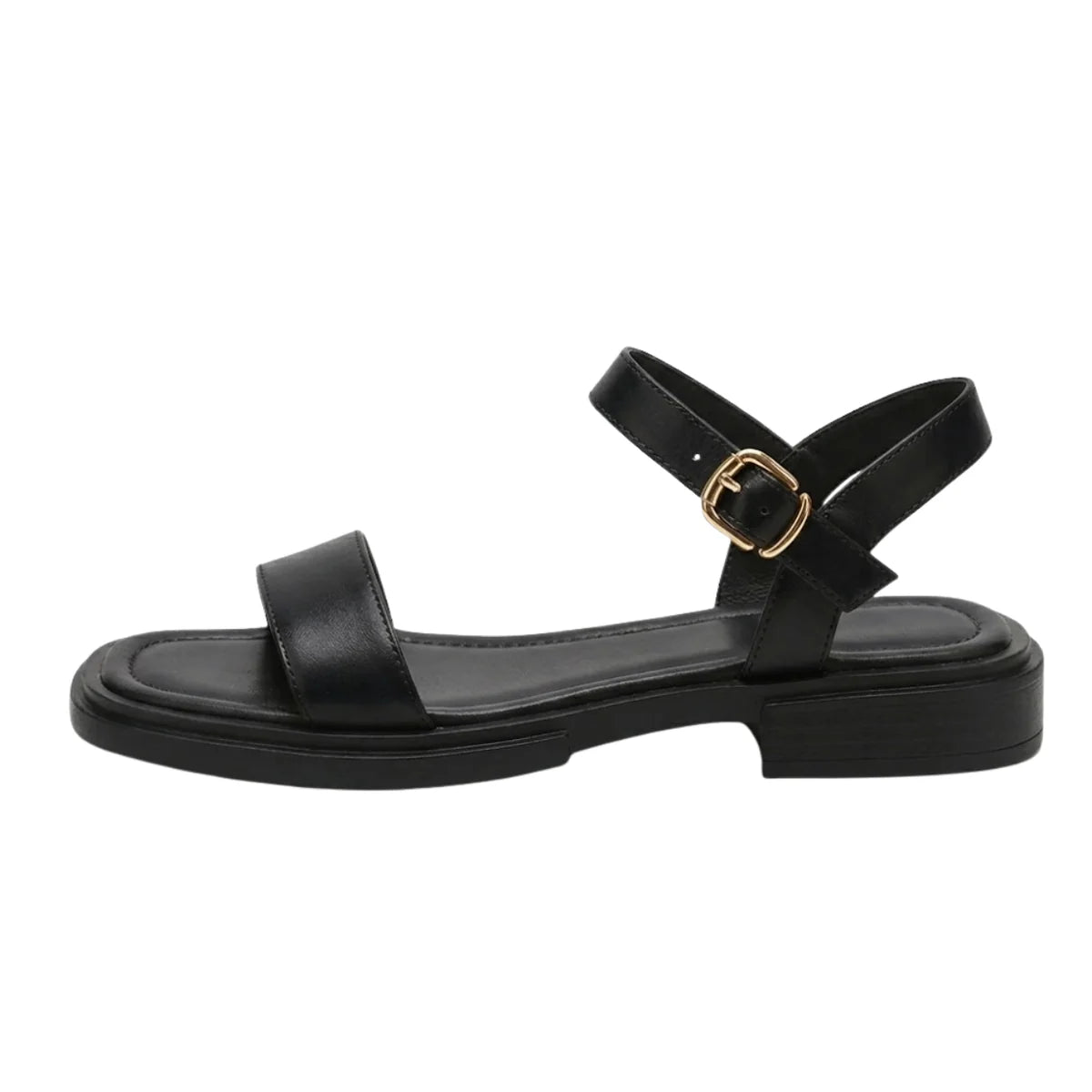 Women's black ankle-strap flat sandals with wide toe strap and gold buckle