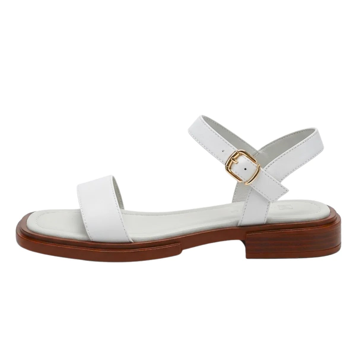 Women's white ankle-strap flat sandals with wide toe strap and gold buckle