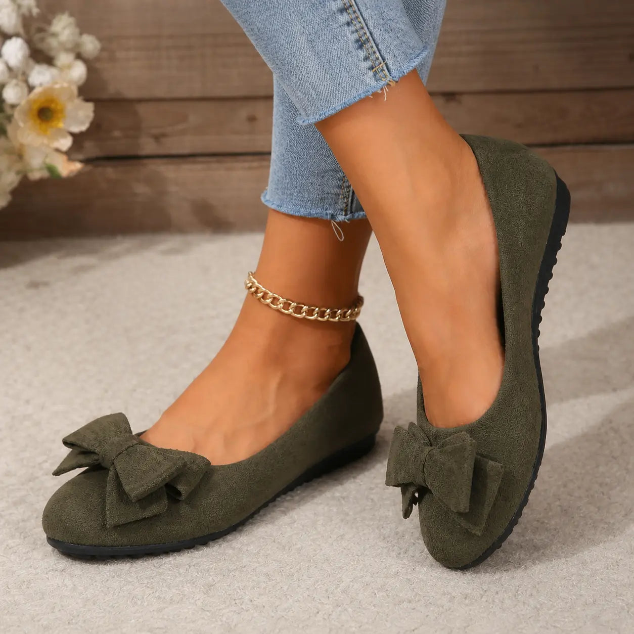 Wide-fit cushioned ballet flats, dark green faux suede with bow detail