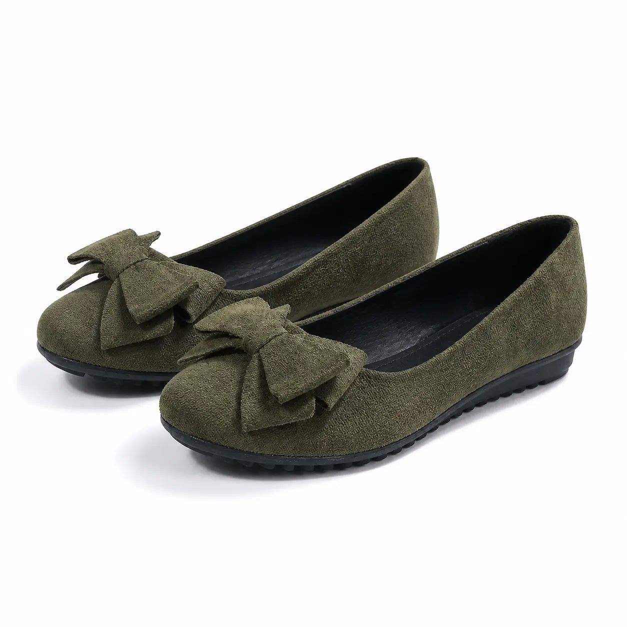 Wide-fit cushioned ballet flats, dark green faux suede, pair view with bow