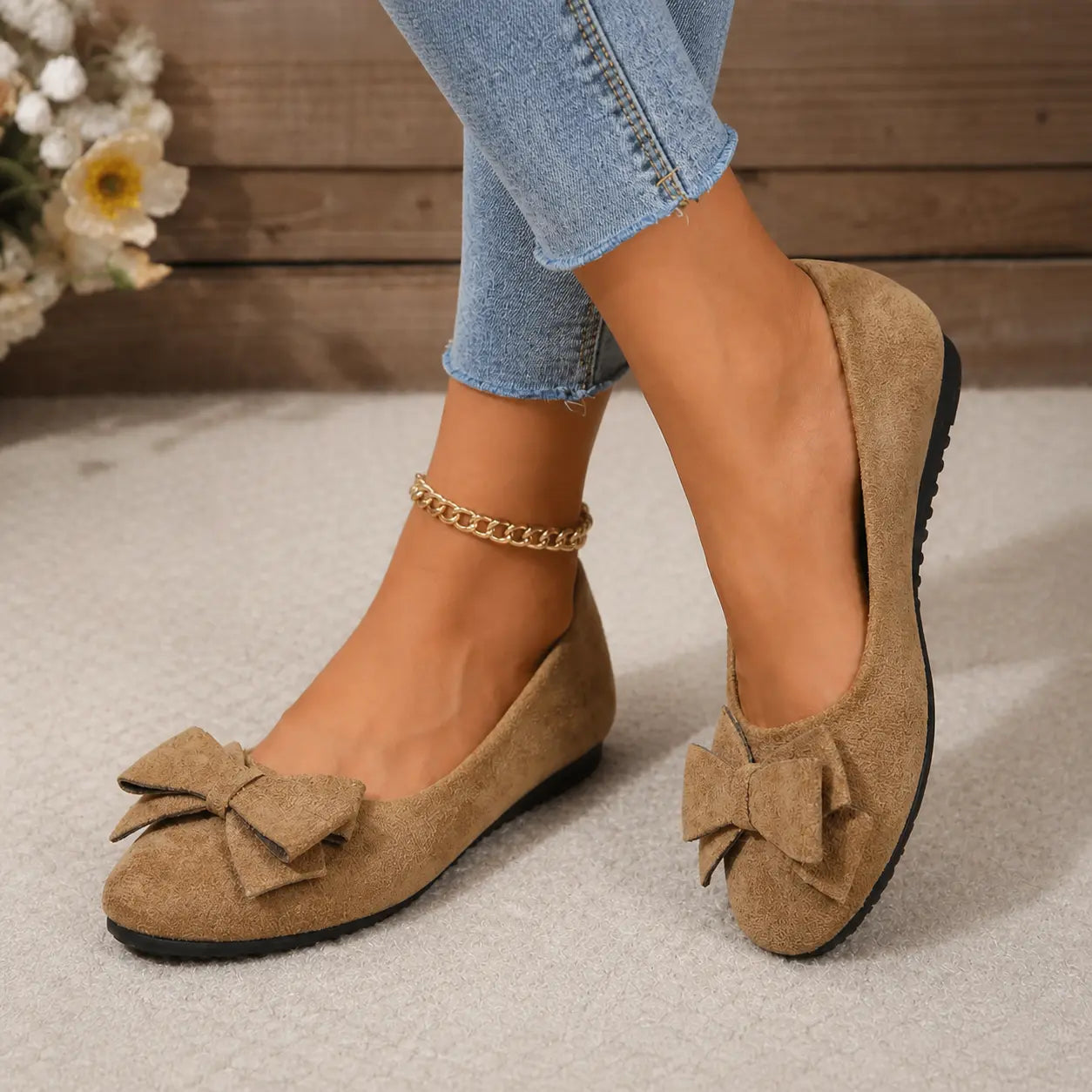 Tan faux suede ballet flats with bow and gold ankle chain, flat comfort